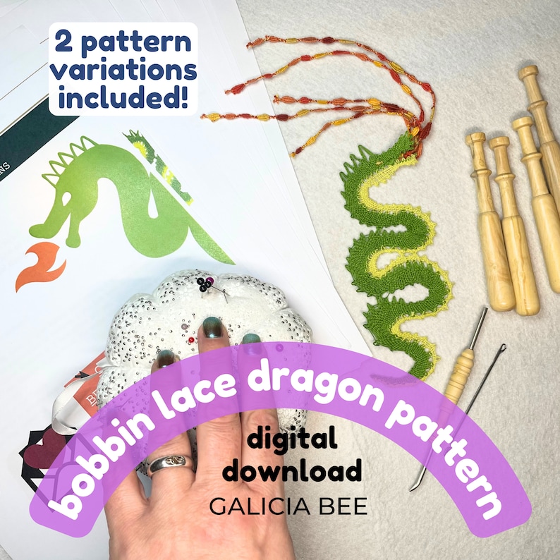 May include: A digital download pattern for a bobbin lace dragon. The pattern includes two variations. The image shows a finished dragon made with bobbin lace, a pincushion, and bobbins.