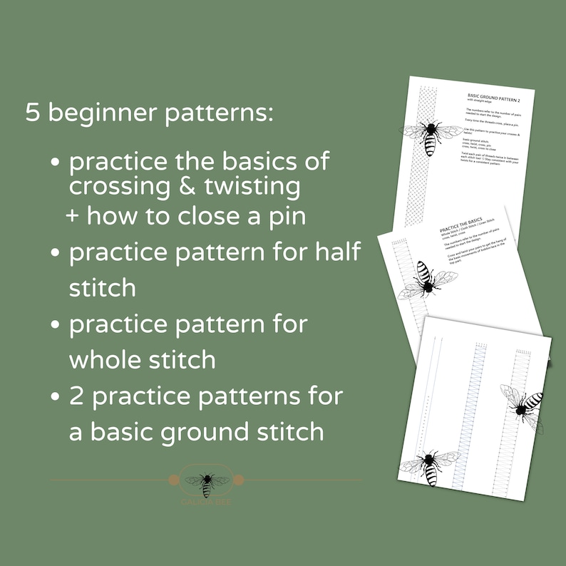 May include: Five beginner embroidery patterns featuring a bee motif. The patterns include instructions for practicing the basics of crossing and twisting threads, closing a pin, half stitch, whole stitch, and a basic ground stitch.