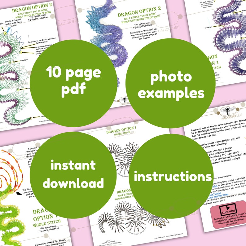 May include: Green and pink digital download product listing for a 10-page PDF pattern for a dragon-shaped lace project. The listing includes instant download, photo examples, and instructions. The text "Dragon Option 1 Whole Stitch" and "Dragon Option 2 Half Stitch Top of Body Whole Stitch Bottom of Body" is visible.