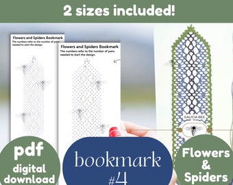 FLOWERS and SPIDERS Bobbin Lace Bookmark Patterns,  BOOKMARK 4, pdf patterns to print at home, diy fiber art craft, lacemaking, printables