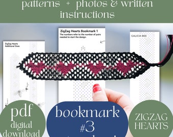 ZIGZAG HEARTS Bobbin Lace Bookmark and Tape Lace Patterns,  pdf patterns to print at home, diy fiber art craft, lacemaking, printables