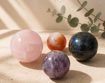 Natural Crystal Spheres | Rose Quartz, Labradorite, Carnelian, Clear Quartz, Smoky Quartz, Opal, Dragon Blood Jasper | Healing Crystal Ball