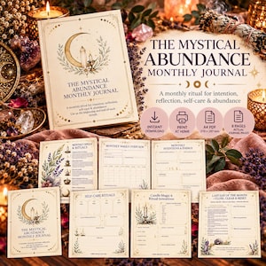Op de afbeelding: Een printbaar dagboek getiteld The Mystical Abundance Monthly Journal, met pagina's voor maandelijkse rituelen, intenties en zelfzorg. De set bevat een A4 PDF-formaat, 8 dagboekpagina's en illustraties van manen, kaarsen en kristallen.
