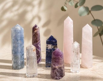 Natural Healing Crystal Towers | Rose Quartz, Amethyst, Clear Quartz, Aventurine, Sodalite, Labradorite, Smoky Quartz, Honey Calcite