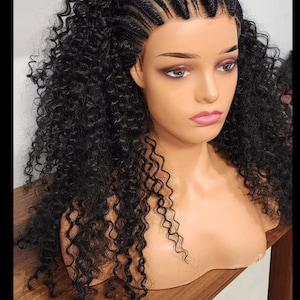 May include: A black curly human hair wig with a braided lace closure. The wig is styled with a side part and the braids are in a cornrow pattern.