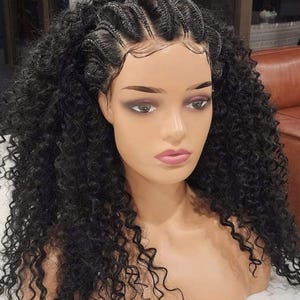 May include: A black curly human hair wig with a lace front and a braided closure. The wig is styled in loose curls and is worn on a mannequin head.