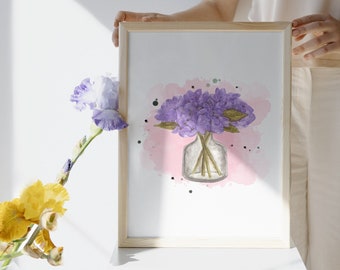 Watercolor purple print, boho spring easter flower nursery art decor, flowers purple color printable wall art, botanical digital art