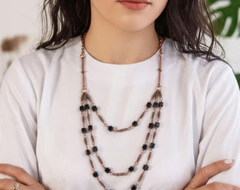 Wire Wrapped Black Glass Necklace, Multi-Strand Copper Drape, Handmade Vintage Inspired Jewelry