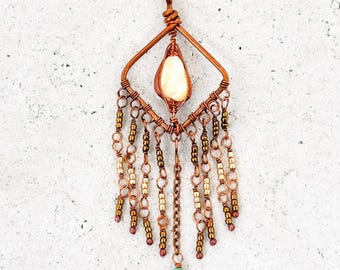 Copper Dreamcatcher Pendant Necklace, Wire Wrapped Abalone Shell with Turquoise, Beaded Fringe Boho Jewelry