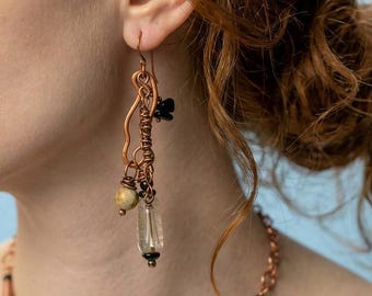 Long Copper Charm Earrings, Carved Bone Jasper Crystal Dangles, Rustic Boho Jewelry