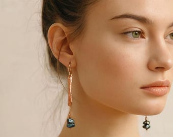 Hammered Copper Hematite Dangle Earrings, Handmade Boho Wire Wrapped Jewelry