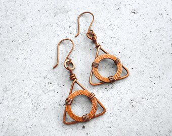 Hammered Copper Lifesaver Earrings, Nautical Circle Dangle Drops, Handmade Ocean Inspired Jewelry