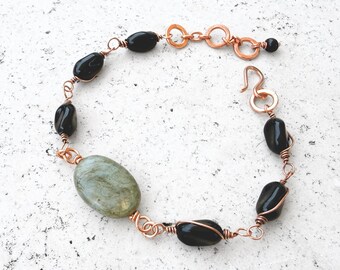 Black Glass and Labradorite Bracelet, Pure Copper Link Chain, Handmade Modern Boho Jewelry