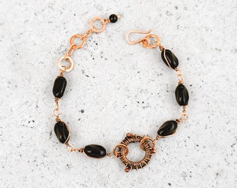 Wire Wrapped Copper Bracelet, Black Glass Bead Links, Handmade Vintage Style Artisan Jewelry