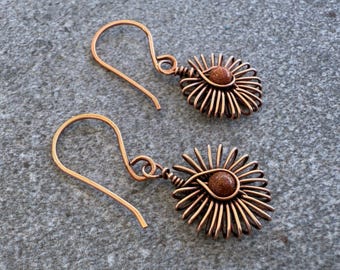 Handmade Copper Flower Earrings, Dainty Wire Wrapped Goldstone Dangle, Small Earthy Jewelry