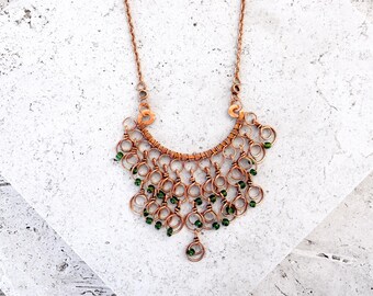 Handmade Copper Bib Necklace, Green Glass Bead Fringe, Wire Wrapped Statement Jewelry