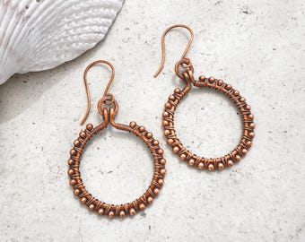 Wire Wrapped Copper Bead Hoops, Handmade Textured Dangle Earrings, Modern Artisan Jewelry