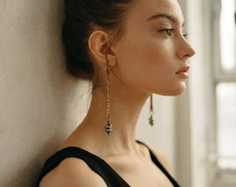 Hammered Copper Hematite Dangle Earrings, Handmade Boho Wire Wrapped Jewelry