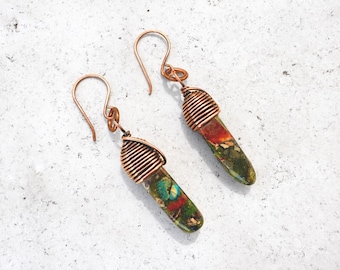 Wire Wrapped Jasper Earrings, Oxidized Copper Dangles, Nature Inspired Bohemian Jewelry