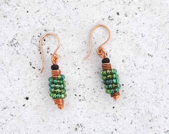 Copper Wire Wrapped Earrings, Green Seed Bead Spiral Dangles, Handmade Boho Jewelry, Lightweight Drops