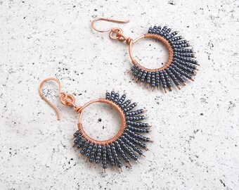 Iridescent Grey Beaded Hoops Earrings, Lightweight Art Deco Party Earrings, Handmade Pure Copper Jewelry