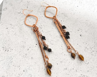 Pure Copper Tiger Eye Earrings, Extra Long Lava Bead Cascade Dangles, Handmade Boho Chandelier Drops