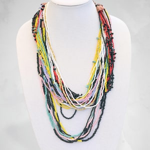 Handmade Multi-Strand Beaded Necklaces with Copper Coil Accents and Chain – Colorful Boho Statement Jewelry - Summer Boho Necklaces