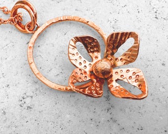 Forged Copper Flower Pendant Necklace, Handmade Botanical Hoop, Nature Inspired Jewelry