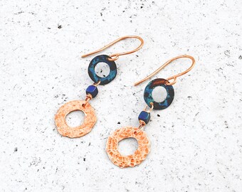 Hammered Copper Disc Earrings, Blue Patina Dangle Drops, Lightweight Handmade Boho Jewelry