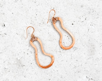 Handmade Hammered Copper Dangle Earrings, Organic Shape Wire Wrapped Drops, Lightweight Artisan Boho Jewelry