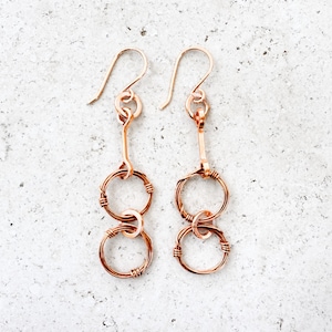 Wire Wrapped Copper or Silver Earrings, Cascading Ring Dangle Drops, Handmade Minimalist Lightweight Jewelry