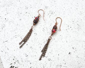 Marbled Jasper Copper Earrings, Red Blue Fringe Chain Dangles, Handmade Boho Artisan Jewelry