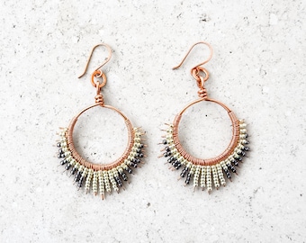Handmade Iridescent Silver Beaded Copper Hoops, Lightweight Boho Statement Earrings