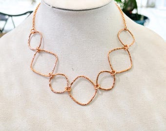 Handmade Hammered Copper Bib Necklace, Geometric Link Chain Choker, Wire Wrapped Artisan Jewelry