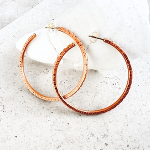 Textured Copper Hoop Earrings | Large Hoops with Sterling Silver Posts | Boho Statement Hoops | Artisan Hoop Earrings | Basic Everyday Hoops