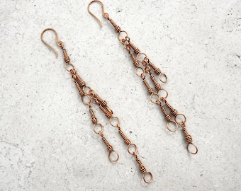 Wire Wrapped Copper Cascade Earrings, 5 Inch Long Dangle Drops, Handmade Modern Statement Jewelry