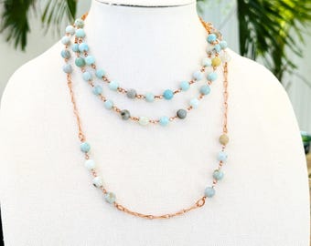 Modern Coastal Amazonite and Copper Station Necklace Set, Handmade Paperclip Chain, Seafoam Green Jewelry