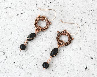 Wire Wrapped Copper Victorian Earrings, Black Glass Bead Drops, Handmade Vintage Boho Jewelry