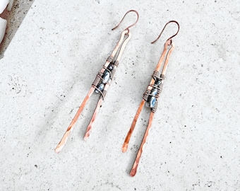 Long Copper Hematite Earrings, Hammered Mixed Metal Dangles, Handmade Wire Wrapped Boho Jewelry