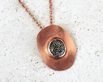 Handmade Copper Pendant Necklace with Fossilized Coral, Modern Textured Boho Jewelry, Fossil Necklace