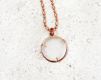 Handmade White Sea Glass Necklace, Pure Copper Prong Set Pendant, Coastal Minimalist Jewelry