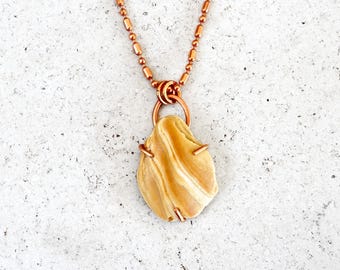 Natural Shell Pendant Necklace, Beige Copper Prong Set, Handmade Coastal Boho Jewelry