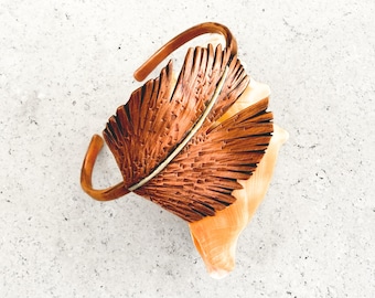 Handmade Palm Leaf Copper Bangle Bracelet, Botanical Cuff, Nature Inspired Sculptural Boho Jewelry