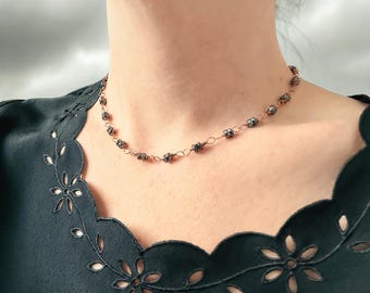 Wire Wrapped Hematite Choker, Dainty Copper Beaded Chain, Handmade Adjustable Vintage Layering Jewelry