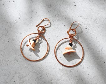 Copper Hoop Earrings Stone Crab Shell, Handmade Geometric Dangles, Modern Boho Coastal Jewelry