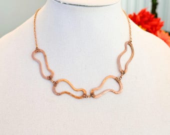Hammered Copper Wave Link Necklace, Wire Wrapped Statement Collar, Handmade Art Deco Boho Jewelry