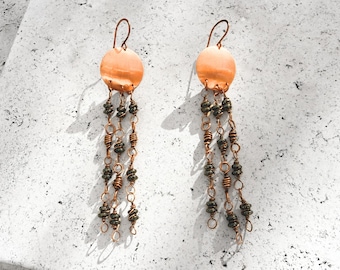 Brushed Copper Disc Earrings, Long Hematite Beaded Fringe Dangles, Handmade Boho Artisan Jewelry