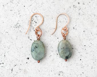 Copper Labradorite Earrings, Art Deco Copper Dangles, Sage Green Stone Drops, Earthy Gemstone Jewelry