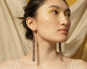 Mixed Metal Chain Fringe Earrings, Copper Tassel Dangles, Handmade Long Boho Jewelry