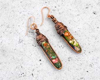 Rainbow Jasper Copper Earrings, Wire Wrapped Rustic Stone Dangles, Handmade Boho Artisan Jewelry